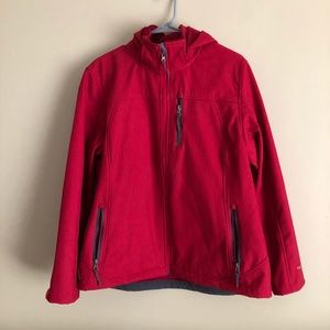 Red insulated rain resistant jacket with hood